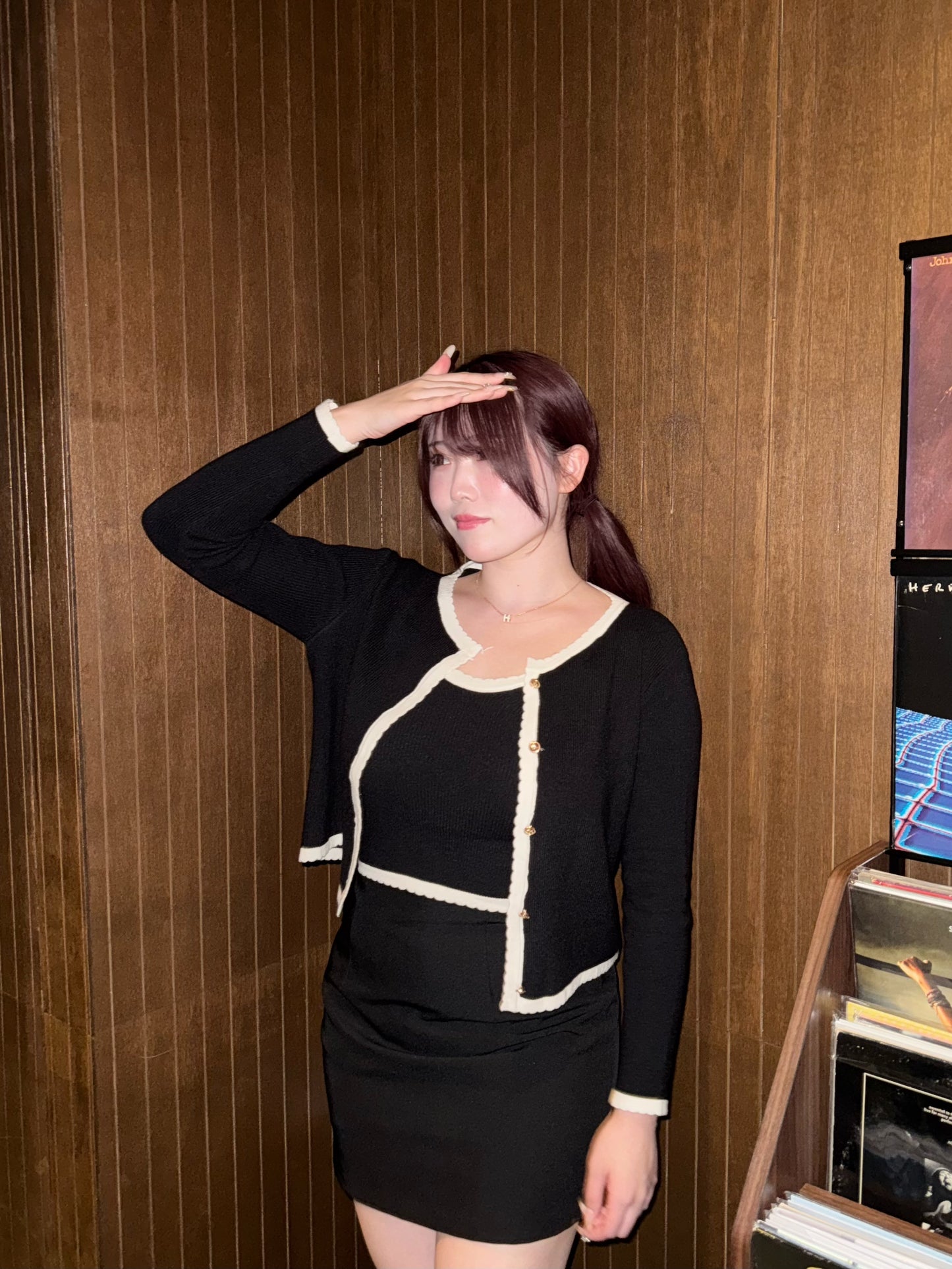 大人ガーリーバイカラーカーデ