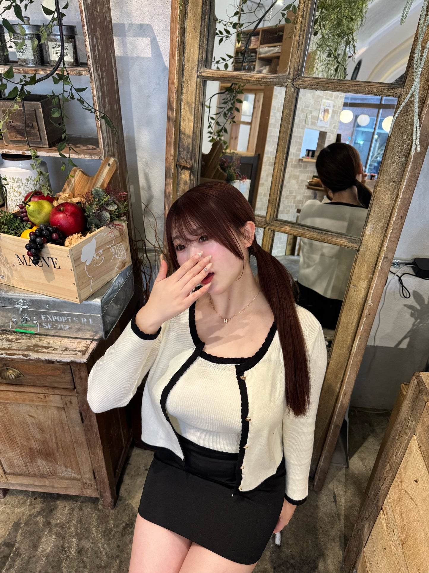 大人ガーリーバイカラーカーデ